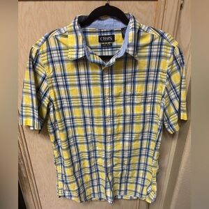 Chaps Mens Yellow Blue Plaid Short Sleeve Button Down Shirt Sz Medium Easy‎ Care